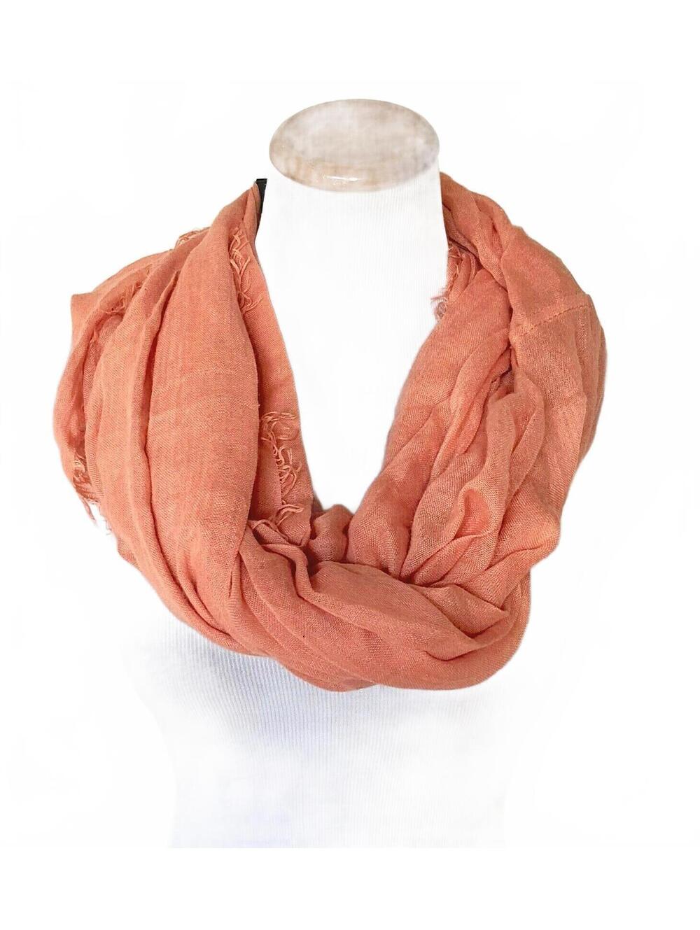 NWT Modena Cantaloupe Coral Orange Sheer Fringed Scarf Wrap Infinity Loop OS